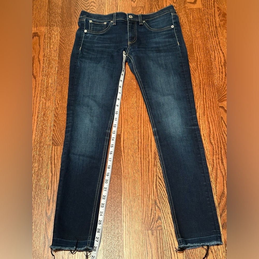 Rag & Bone skinny raw hem jeans in dark wash button and zipper closure